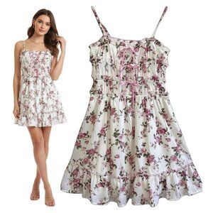Jessica Simpson Floral Corset Mini Dress Pink Smocked Fit Flare M